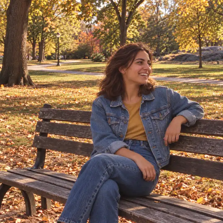 The same woman on the park bench with loose feathered hair, a denim jacket and warm 1980s-inspired film colors