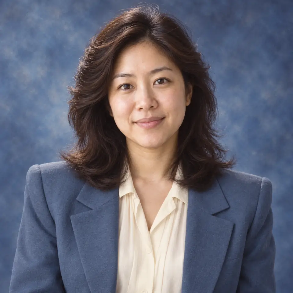 The same woman with feathered hair, a blue blazer and cream blouse against a mottled blue studio backdrop
