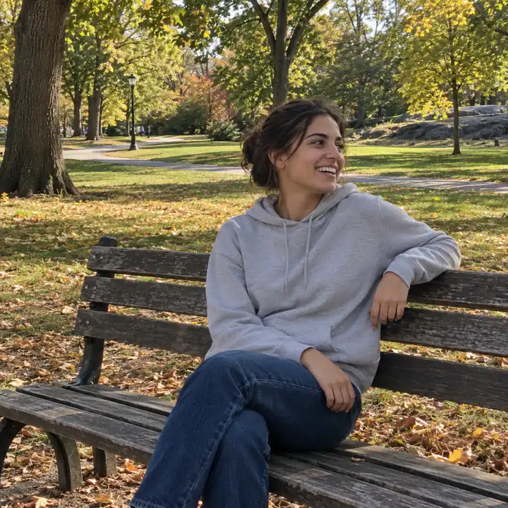 Young woman in a gray hoodie laughing toward someone off camera while seated on an autumn park bench