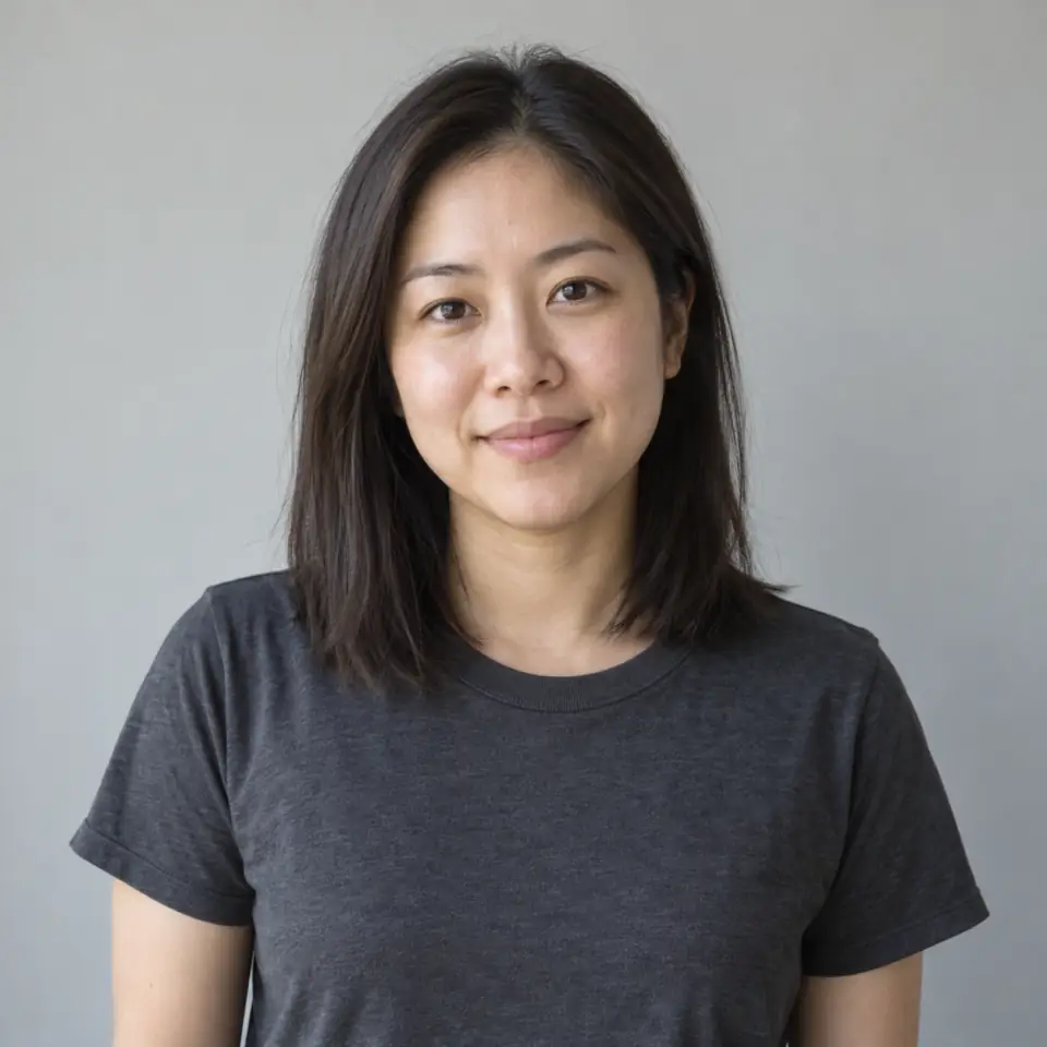 Woman with straight dark hair wearing a charcoal T-shirt against a plain gray wall