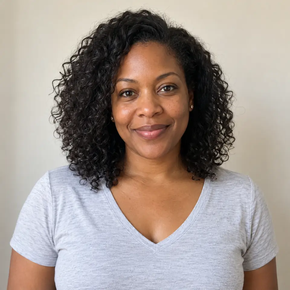 Woman with dark natural curls wearing a gray V-neck T-shirt against an off-white wall