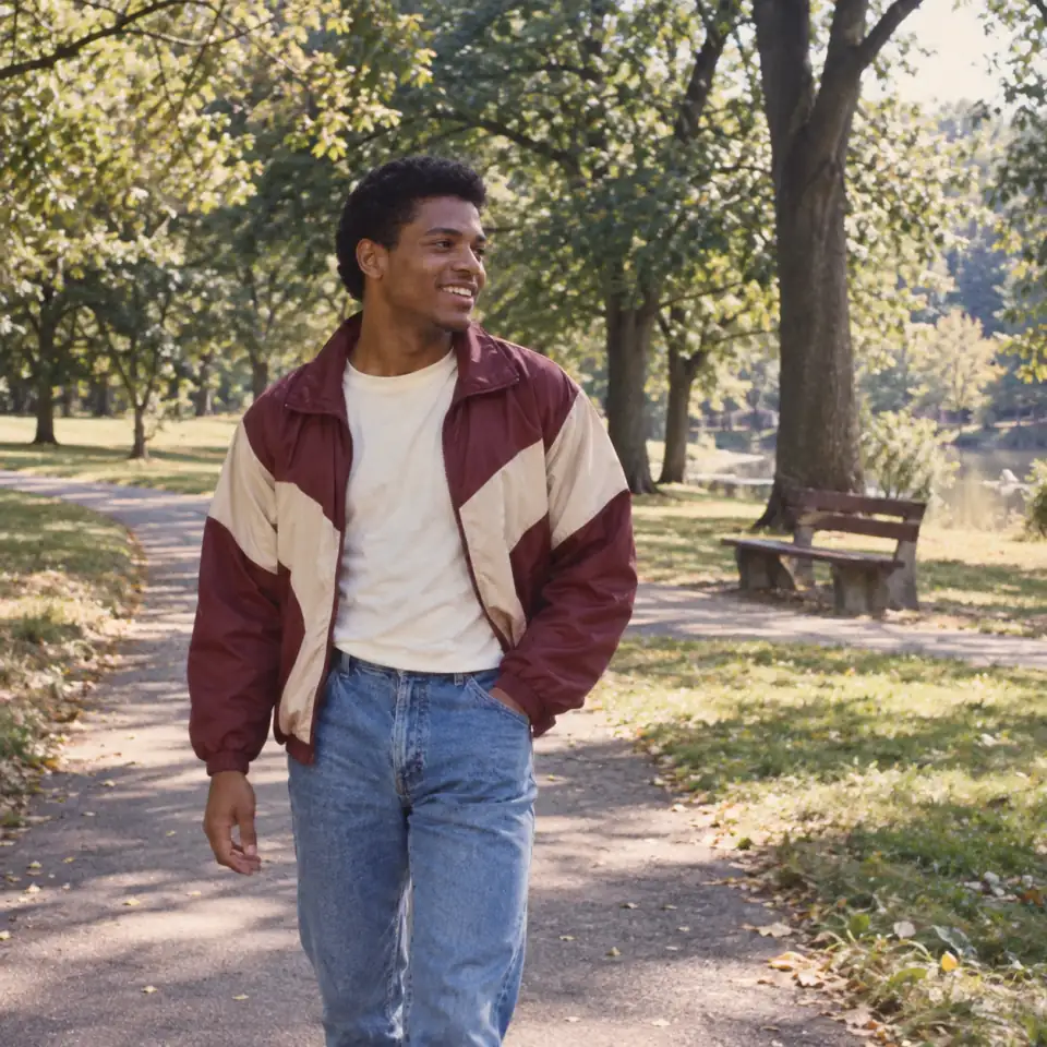 1980s-inspired outdoor snapshot of a young man in a burgundy windbreaker looking aside on a leafy park path