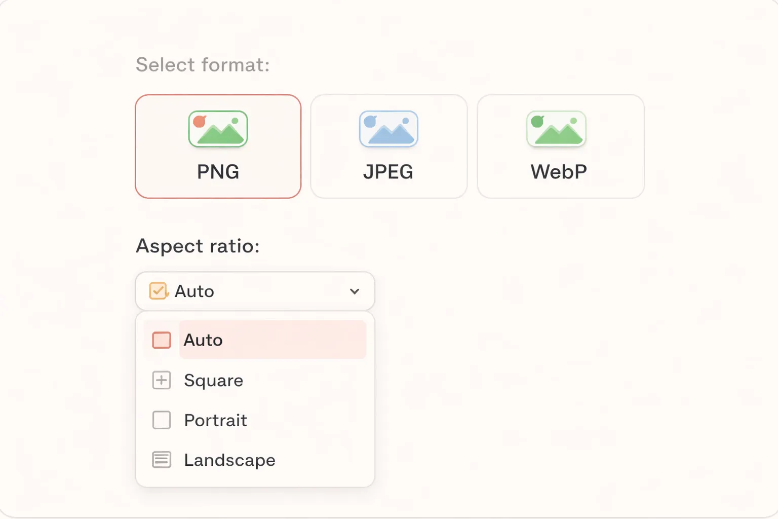 Output format selector showing PNG, JPEG, and WebP options with aspect ratio choices