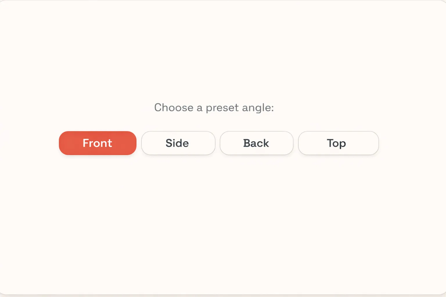 3D camera control preset buttons showing Front, Side, Back, and Top angle options