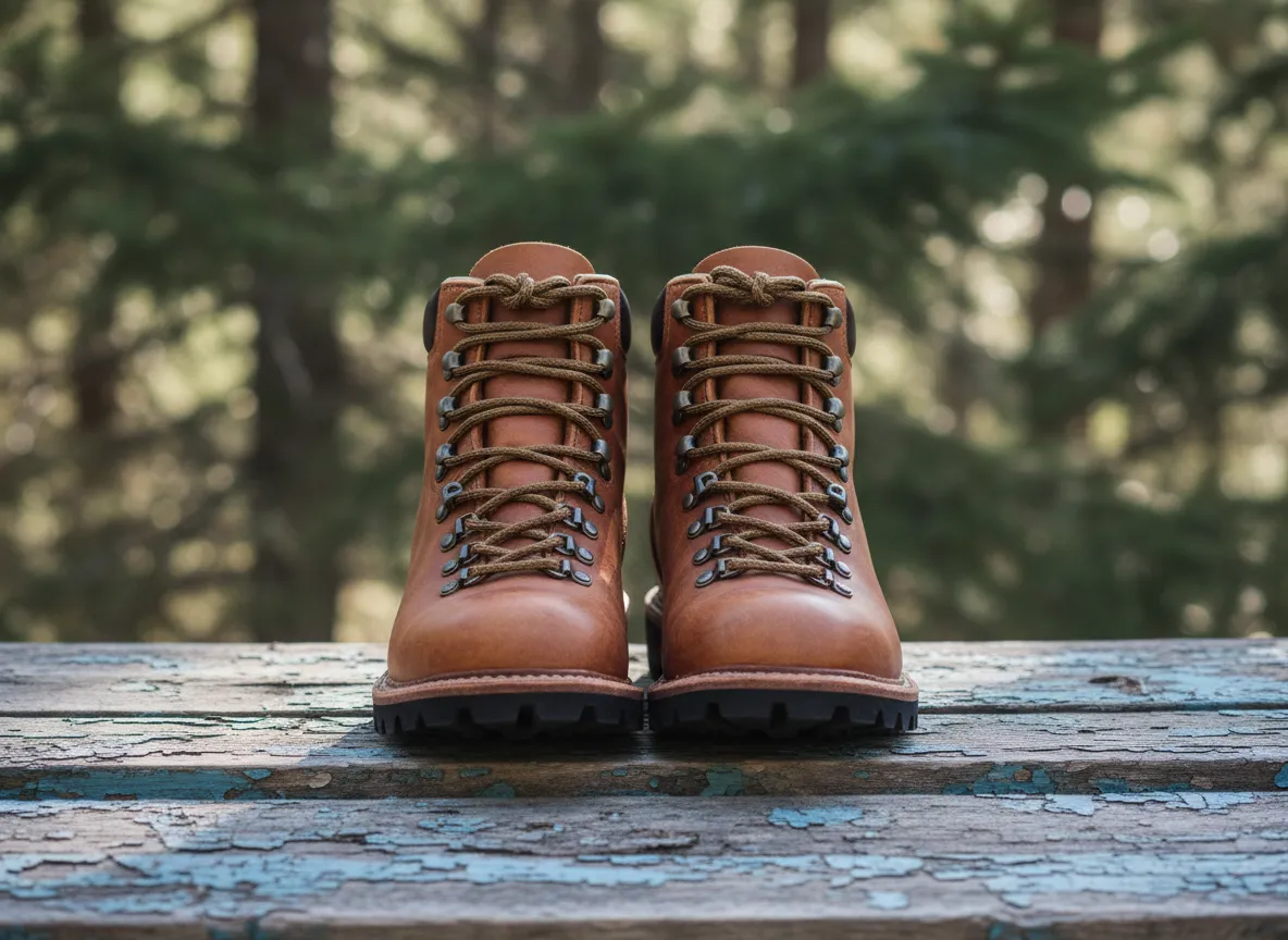 Original product photography of hiking boots on wooden surface before adding snow