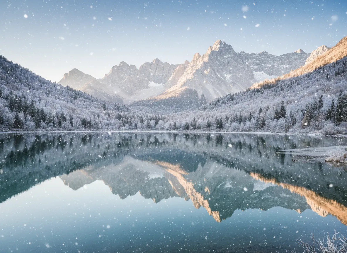 Mountain landscape transformed into winter scene with realistic snowfall effect