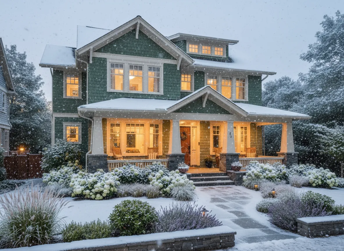 Real estate property photo with AI-generated winter snow for seasonal listing