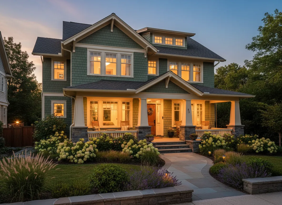 Original real estate property photo of craftsman house at dusk before adding snow