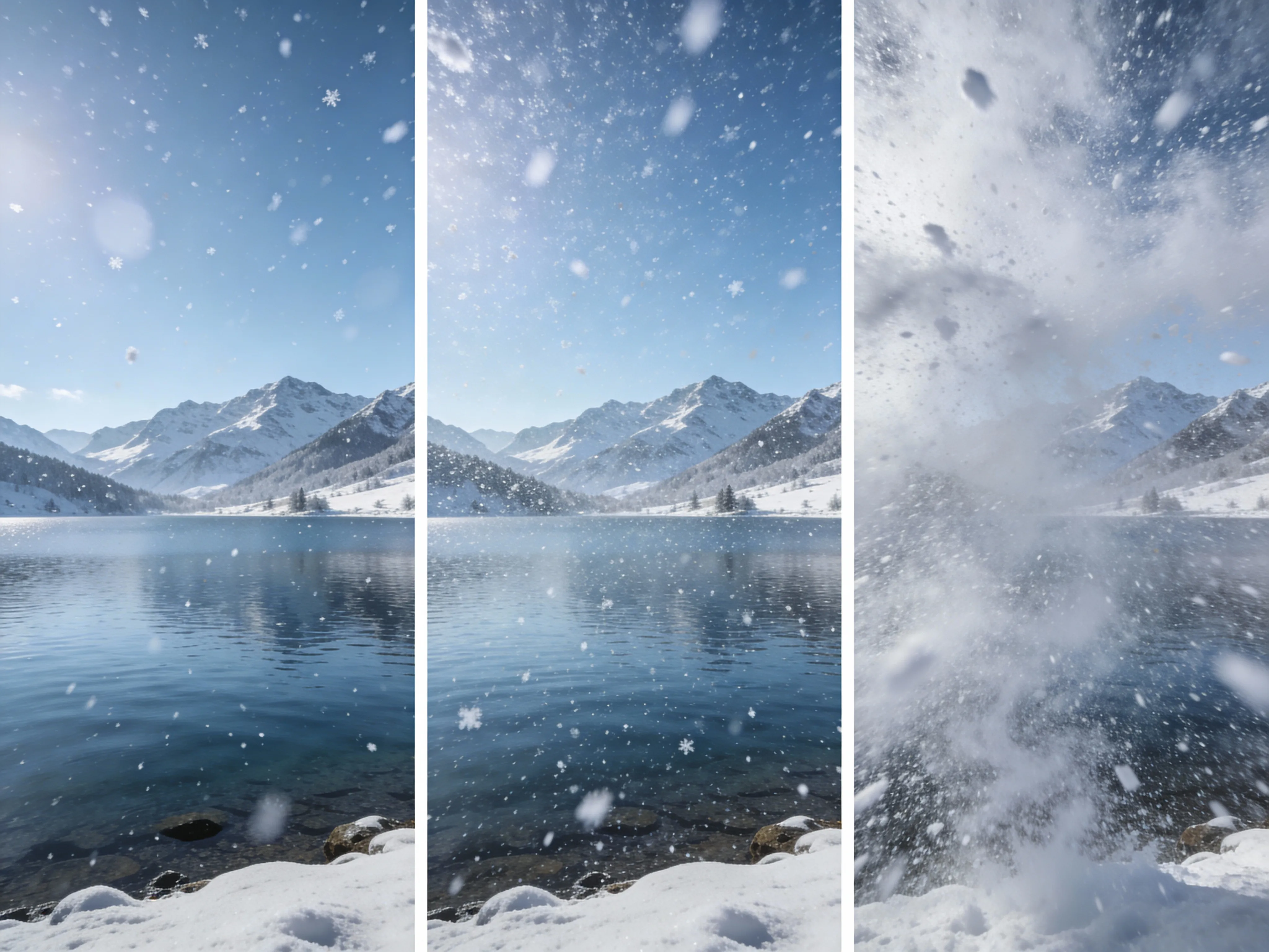 Comparison showing light, medium, and heavy snow intensity levels on landscape photo by Pixlio AI