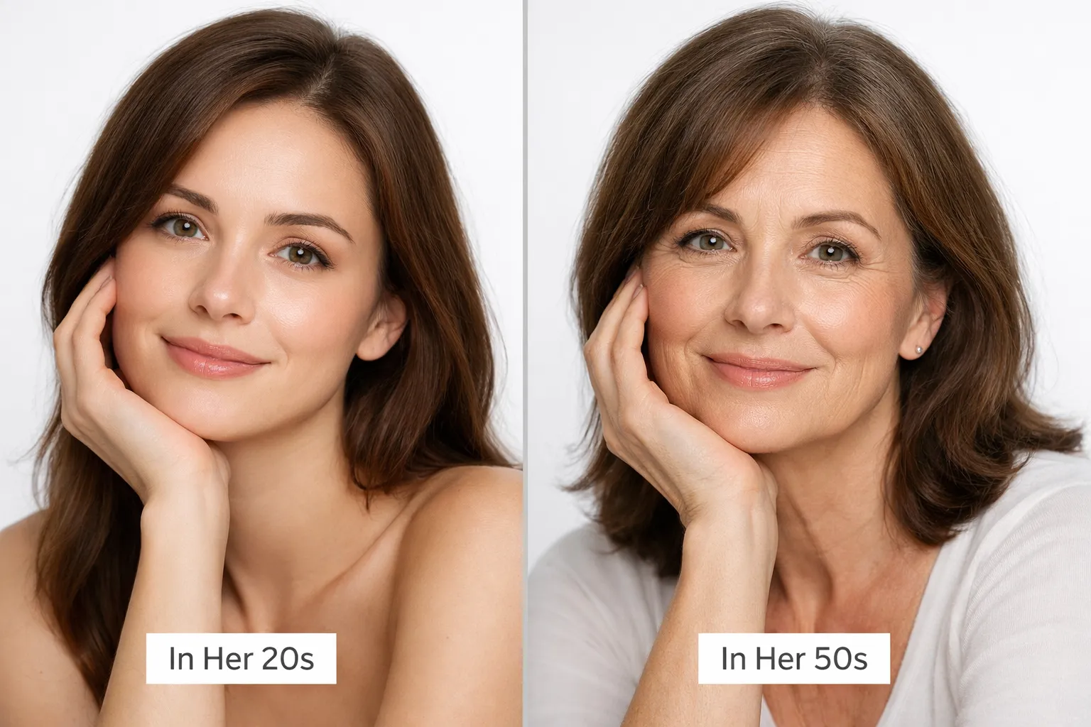 AI age progression comparison showing the same woman at age 20s and 70s side by side