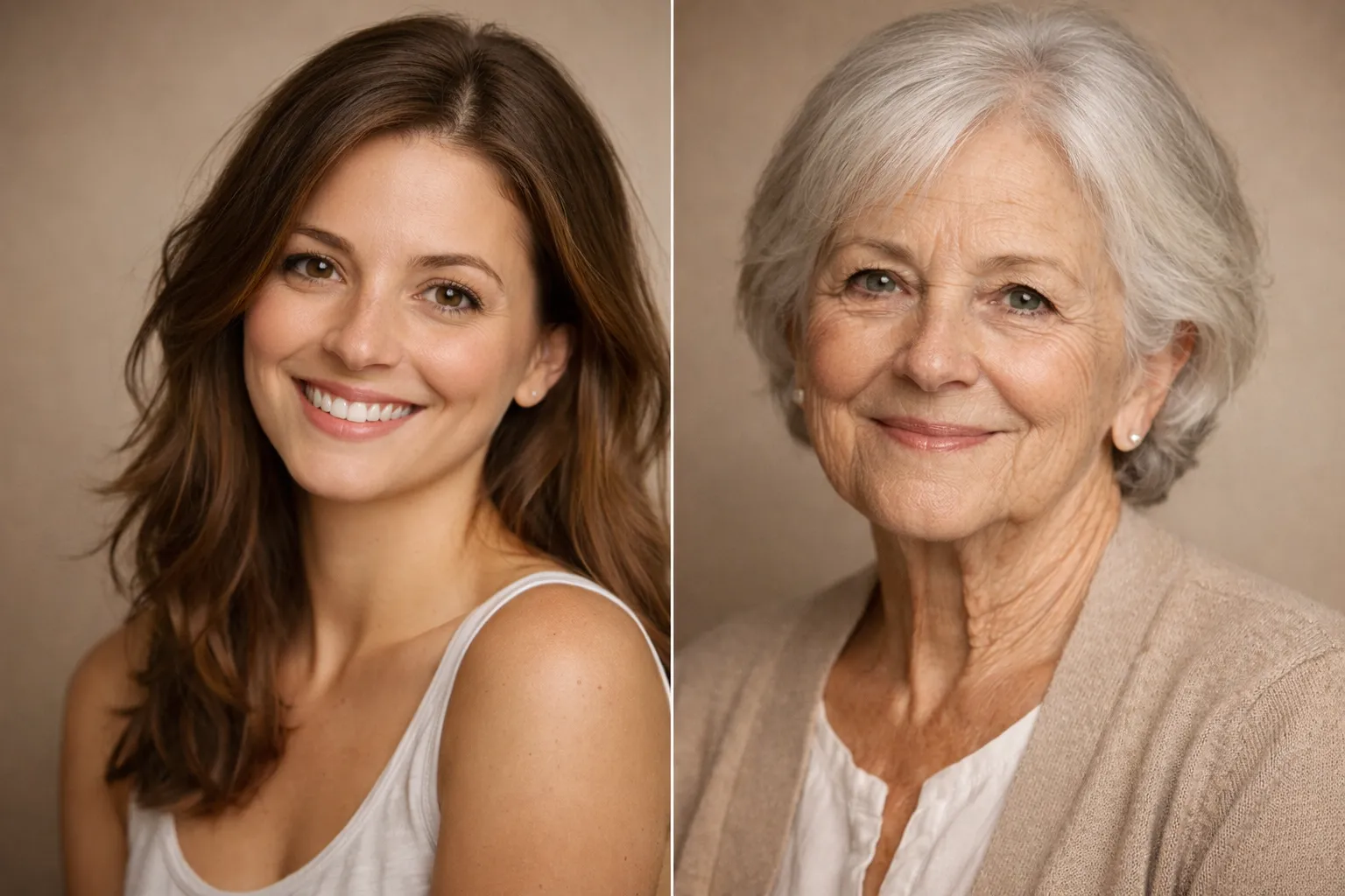Split-screen comparison of the same woman in her 20s and 70s with identical facial structure and expression preserved