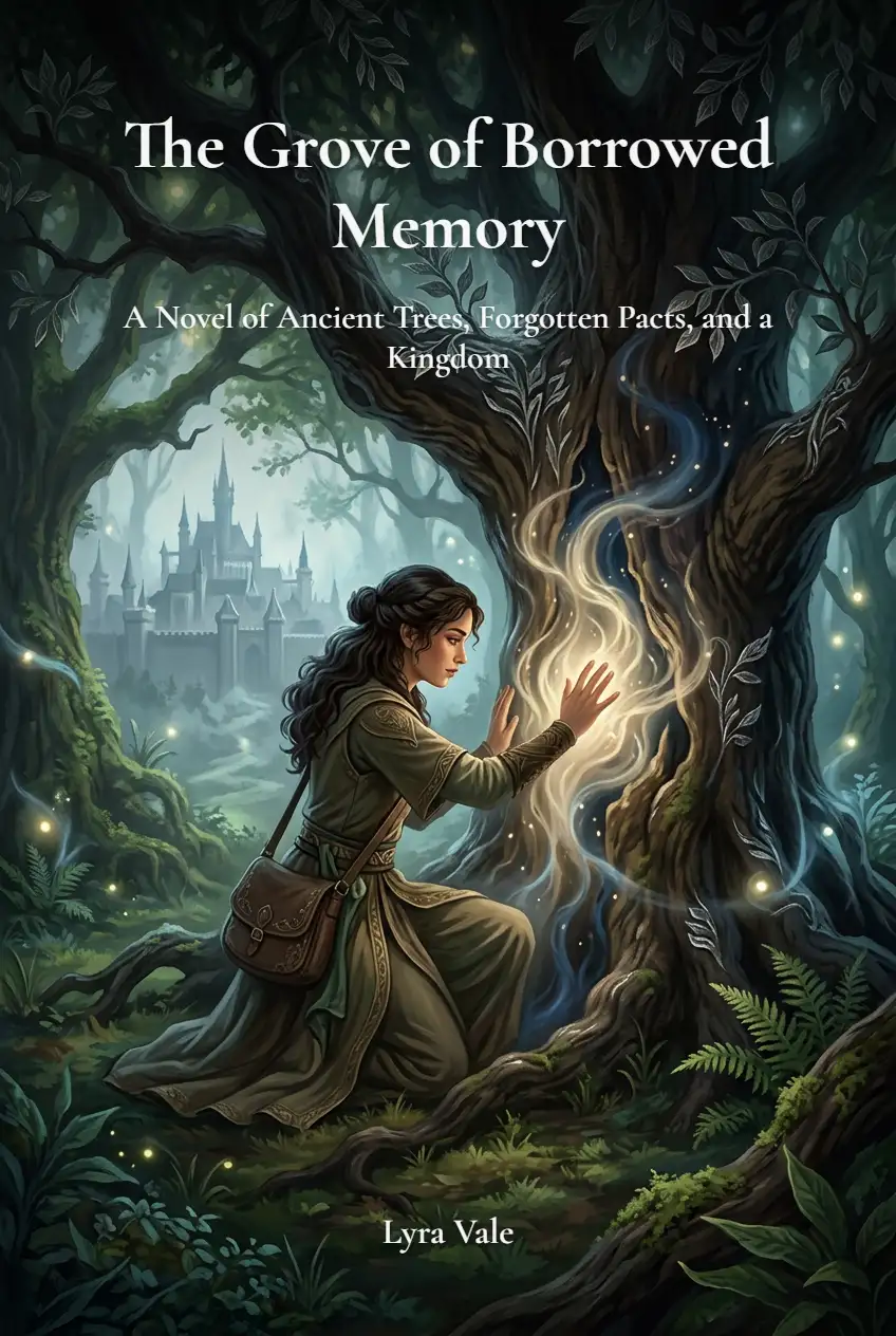 AI generated book cover for The Grove of Borrowed Memory