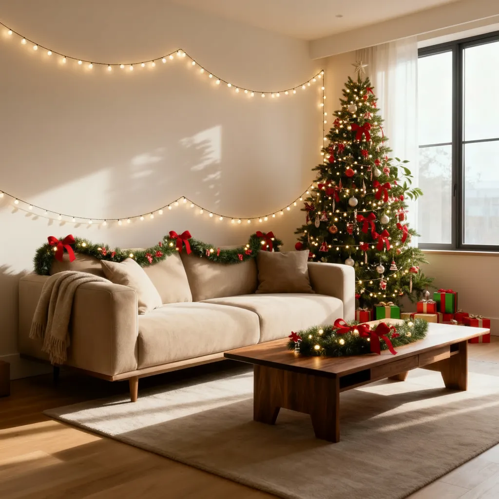 Room transformed into cozy AI Christmas photo with holiday decorations