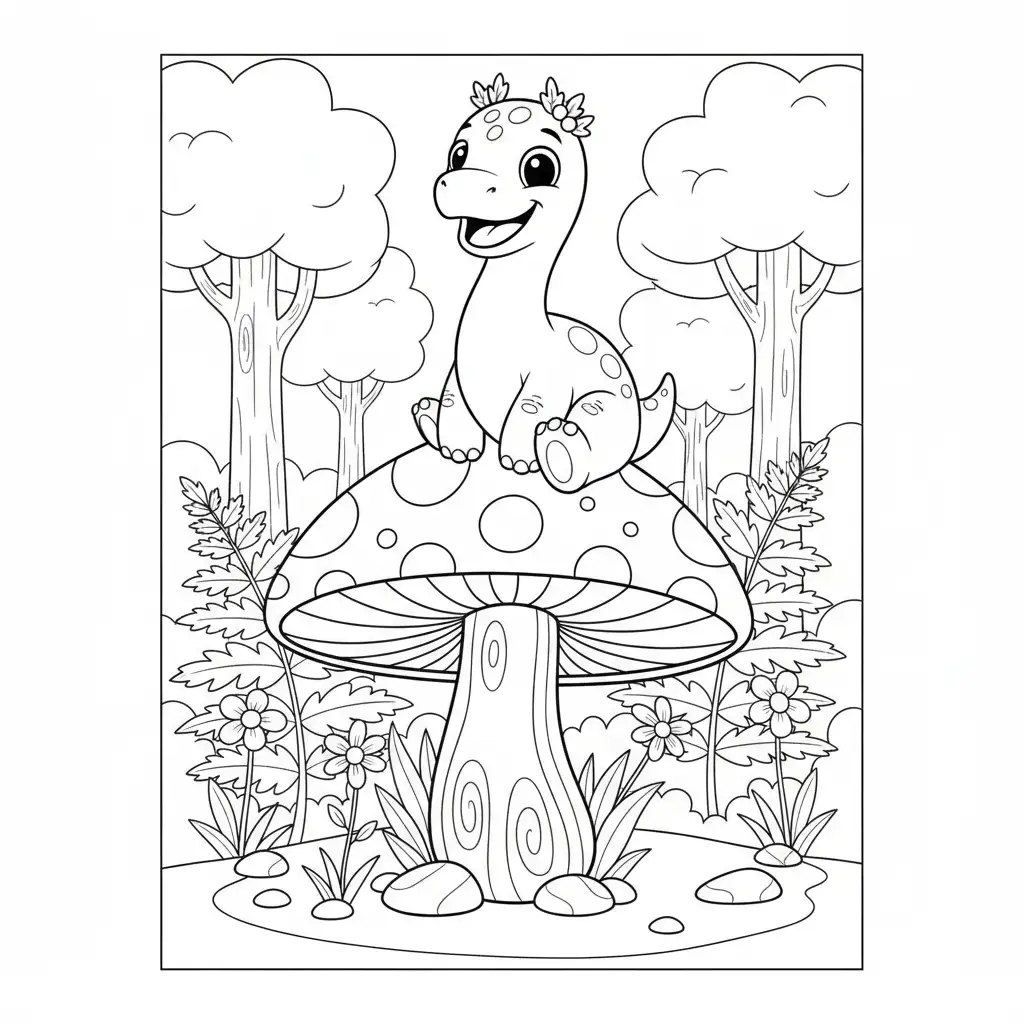 AI coloring page generator interface showing a prompt-based dinosaur coloring page result with clean outlines
