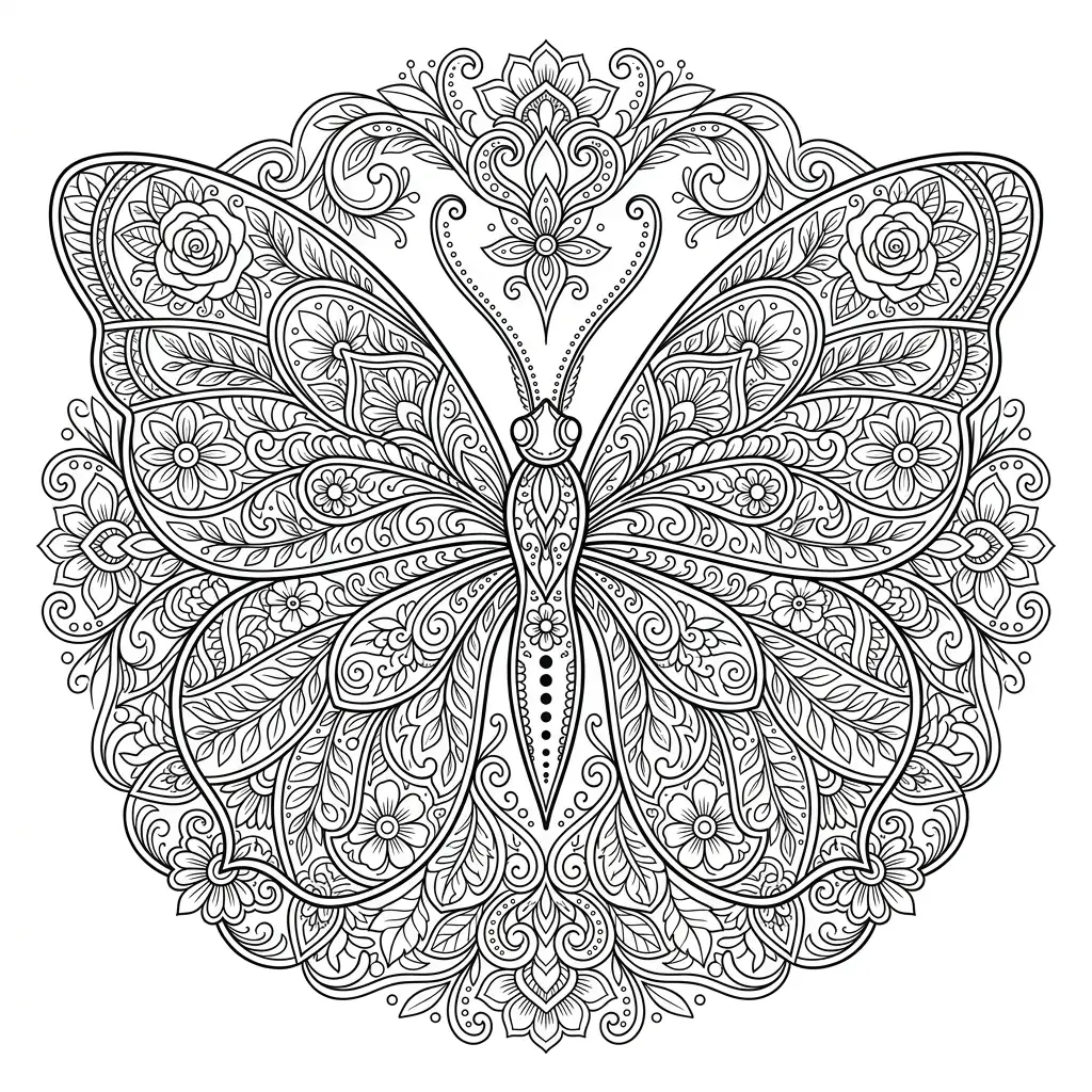 AI generated coloring page of a butterfly mandala