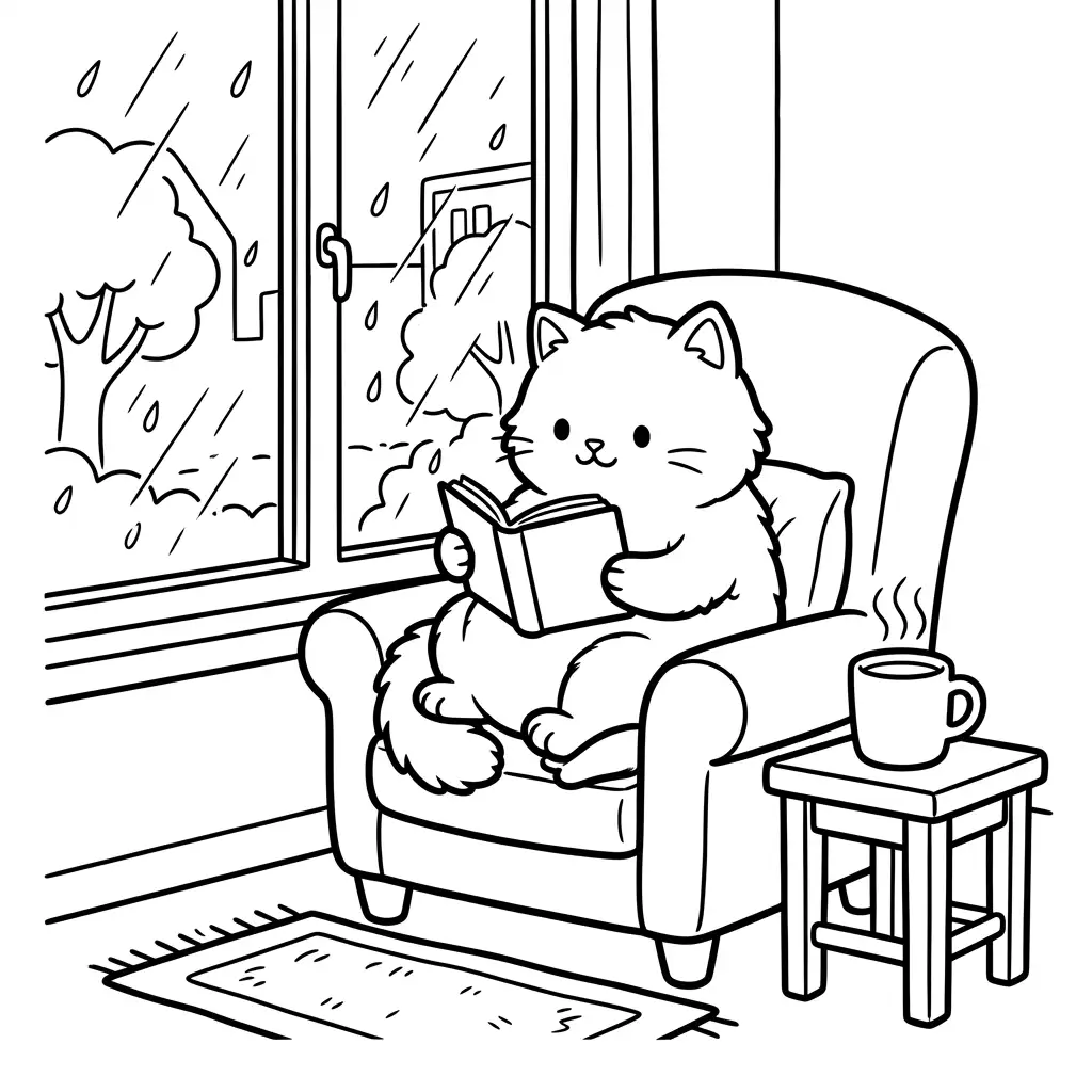 AI generated coloring page of a cozy cat