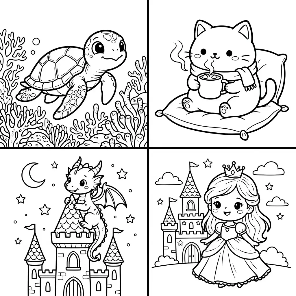 Coloring page style presets side by side: Classic, Cute and Cozy, Storybook Fantasy, and Mandala