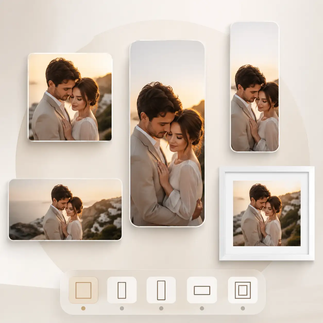 Aspect ratio selector showing 1:1, 3:4, 9:16, 4:3, and 16:9 options for couple photo output
