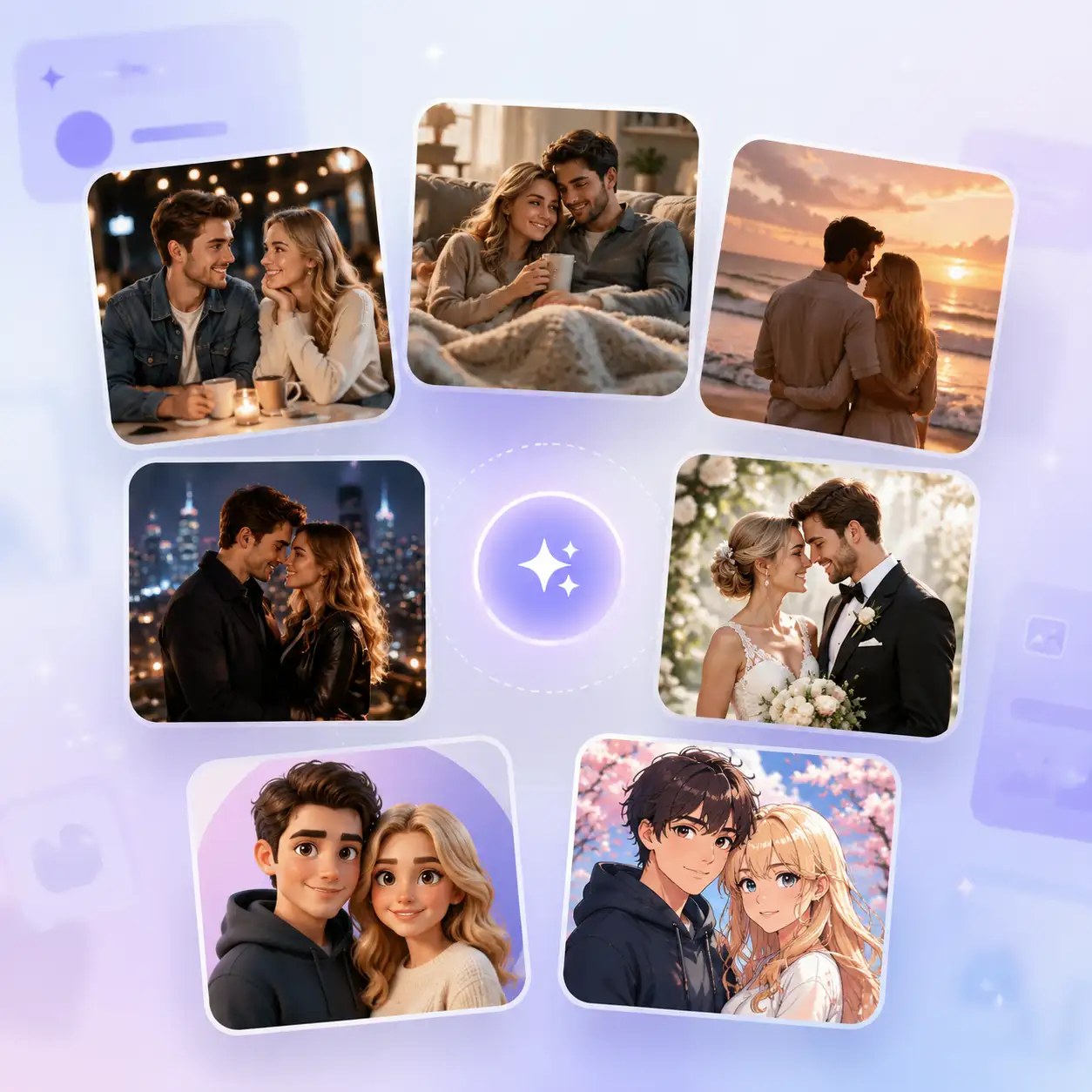 Scene preset selector in the AI couple photo maker showing options like Natural Date, Beach Sunset, and Wedding Preview