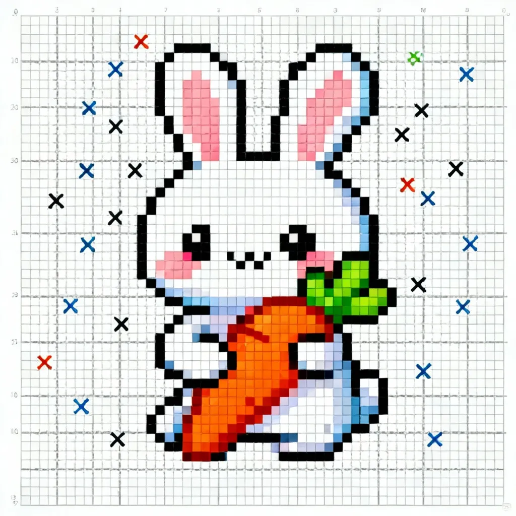 AI-generated embroidery design of a cute bunny holding a carrot in cross-stitch style, showing how the embroidery generator creates detailed designs ready to download and use in digitizing software.