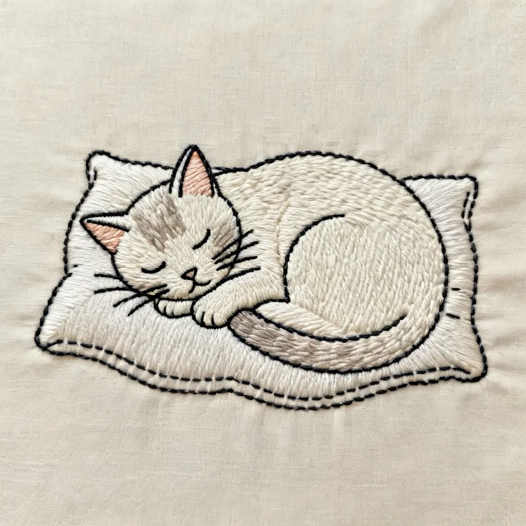 AI-generated hoop art embroidery design of a cat sleeping on a pillow with soft colors and detailed stitch texture created using the embroidery style generator for planning decorative wall pieces.