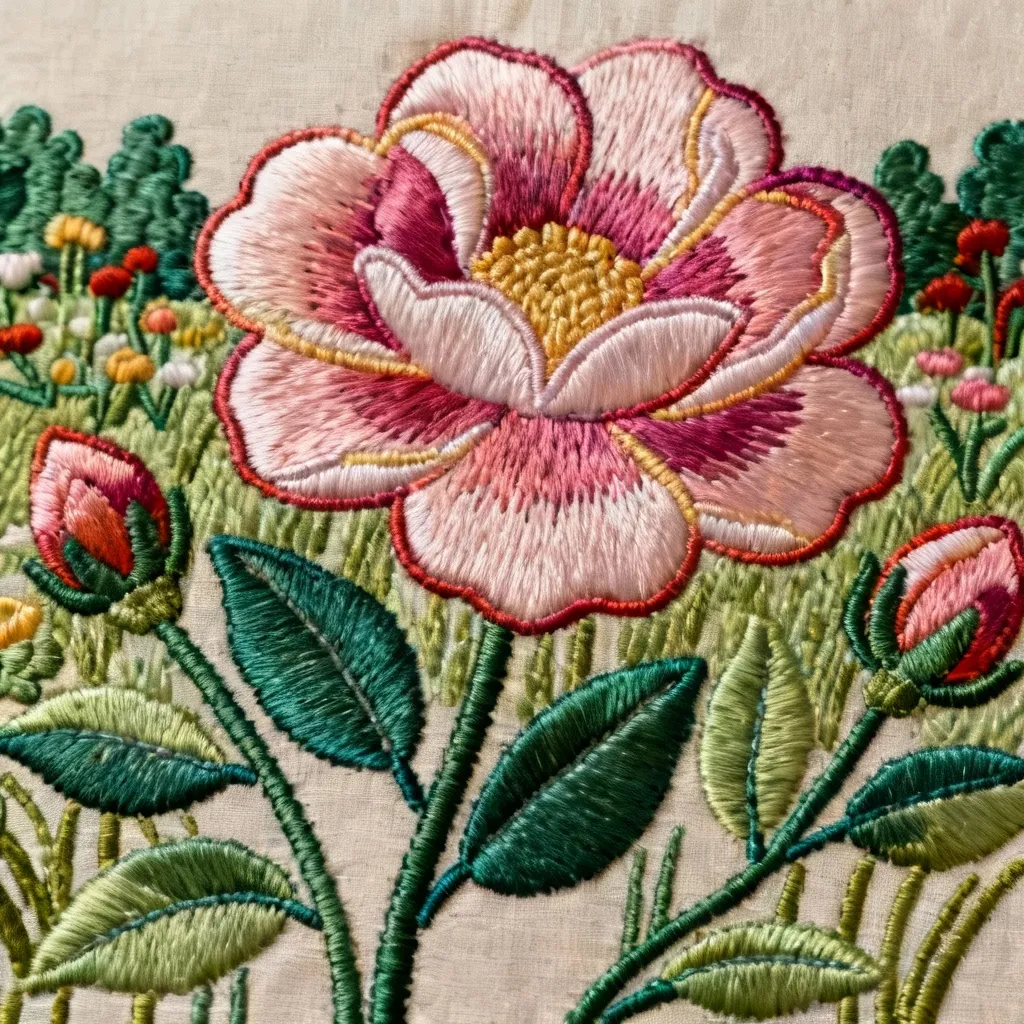 AI-generated embroidery showing a flower in garden with smooth satin fill stitch texture, demonstrating the satin fill style created with the embroidery pattern generator.