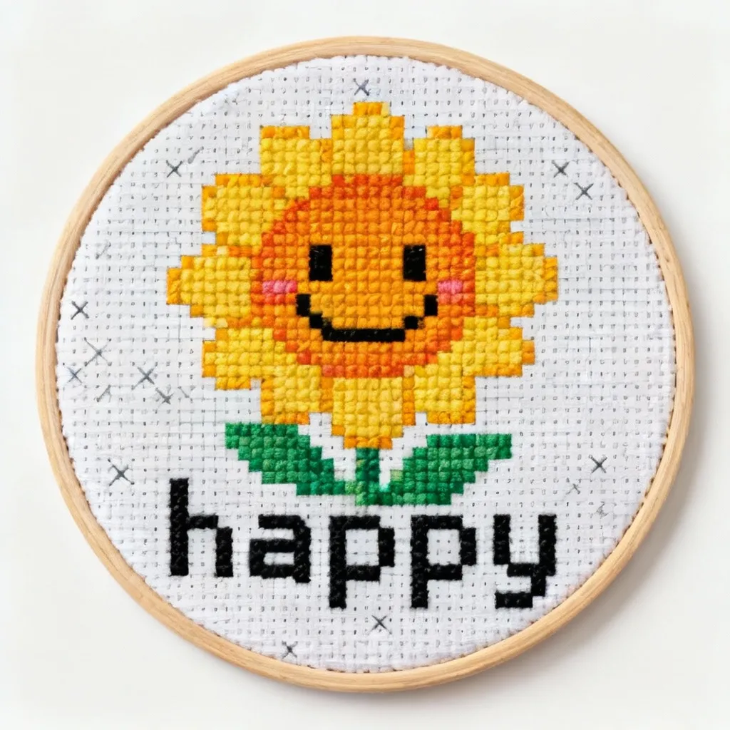 AI-generated embroidery-style artwork of a happy sunflower with detailed cross-stitch patterns and thread textures created from a text prompt using Pixlio's embroidery generator.