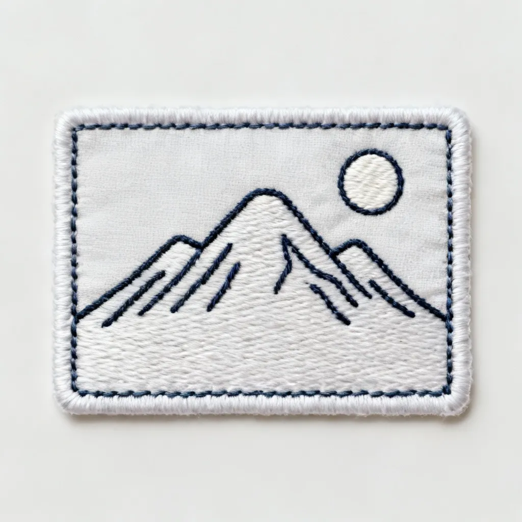 AI-generated minimal mountain and moon patch embroidery design rendered in realistic stitch style with limited colors, created with the AI embroidery generator for apparel decoration presentations.