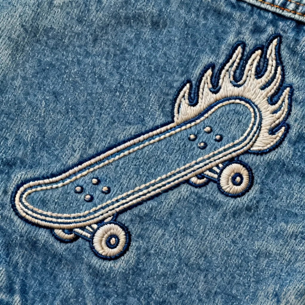 Embroidered patch design showing a retro skateboard with flames in outline linework style