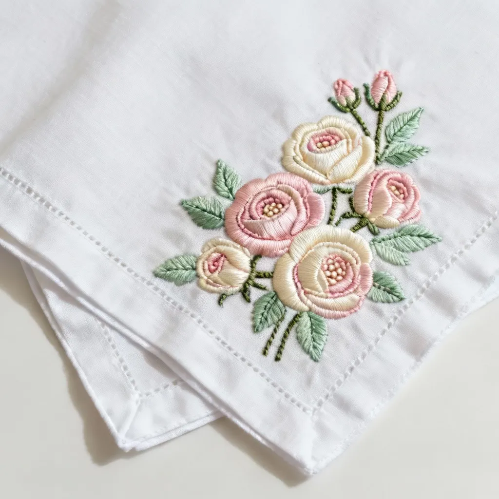 AI-generated vintage rose embroidery design on handkerchief showing a limited pastel color palette with 2-3 thread colors, demonstrating how the embroidery style generator creates production-ready color schemes.