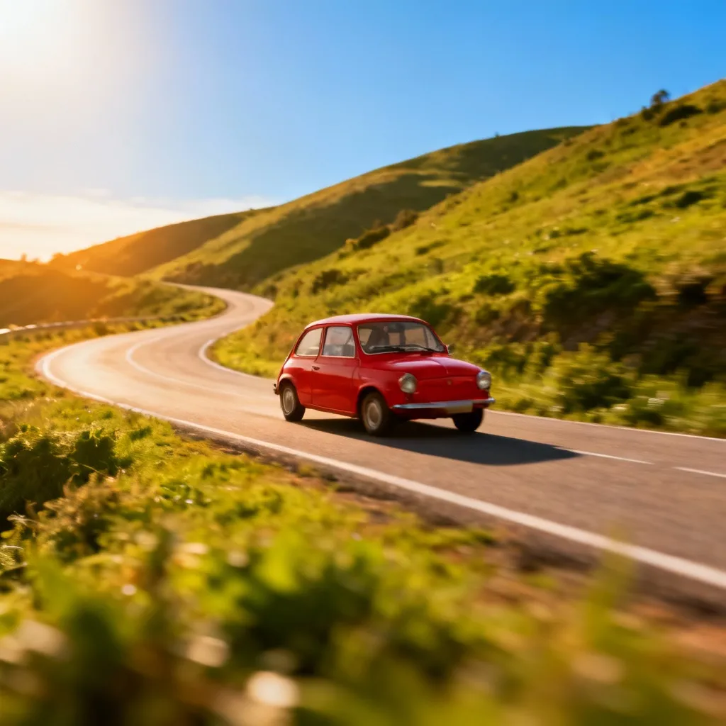 Original photo of a red car driving down a winding mountain road