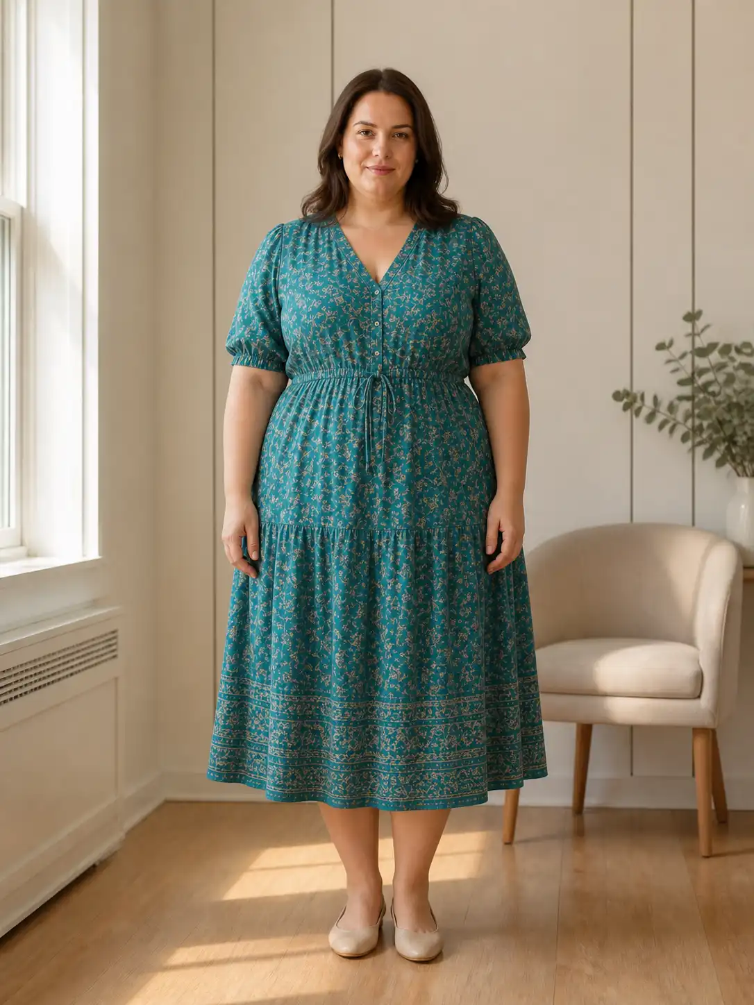 Same adult in the same outfit and setting with a proportional fuller-body transformation