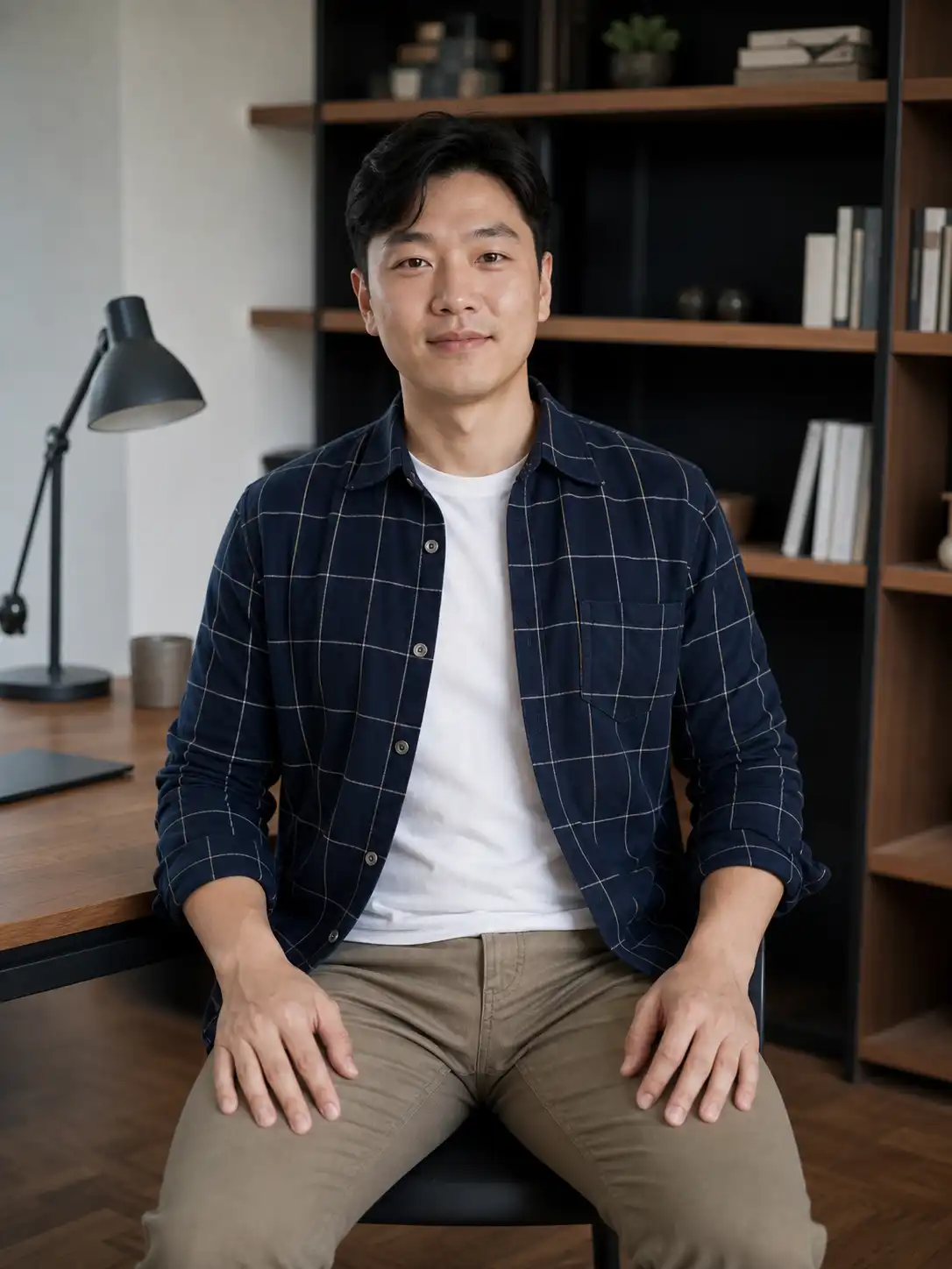 Original adult portrait showing a patterned outfit, natural expression, and indoor background