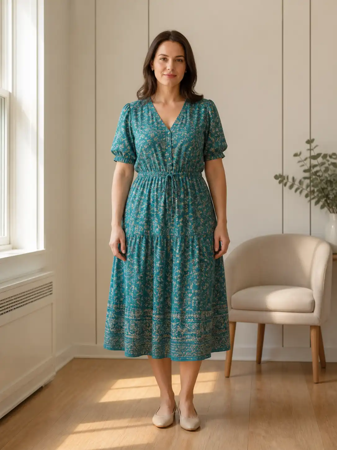 Original front-facing full-body portrait of an adult before a natural body-shape preview