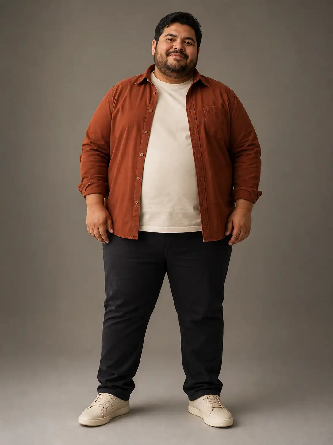 Exaggerated-intensity body-shape preview of an adult man in a rust overshirt and dark trousers