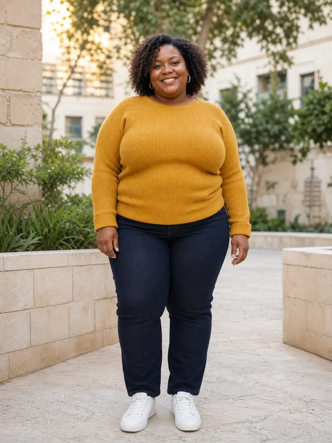 Natural-intensity body-shape preview of an adult woman in a mustard sweater and dark jeans