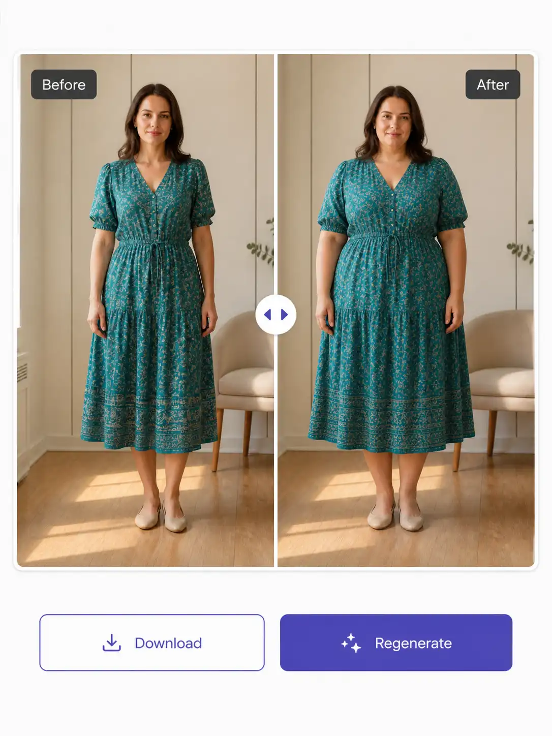 Before-and-after review screen with an original portrait, fuller preview, download, and regenerate controls