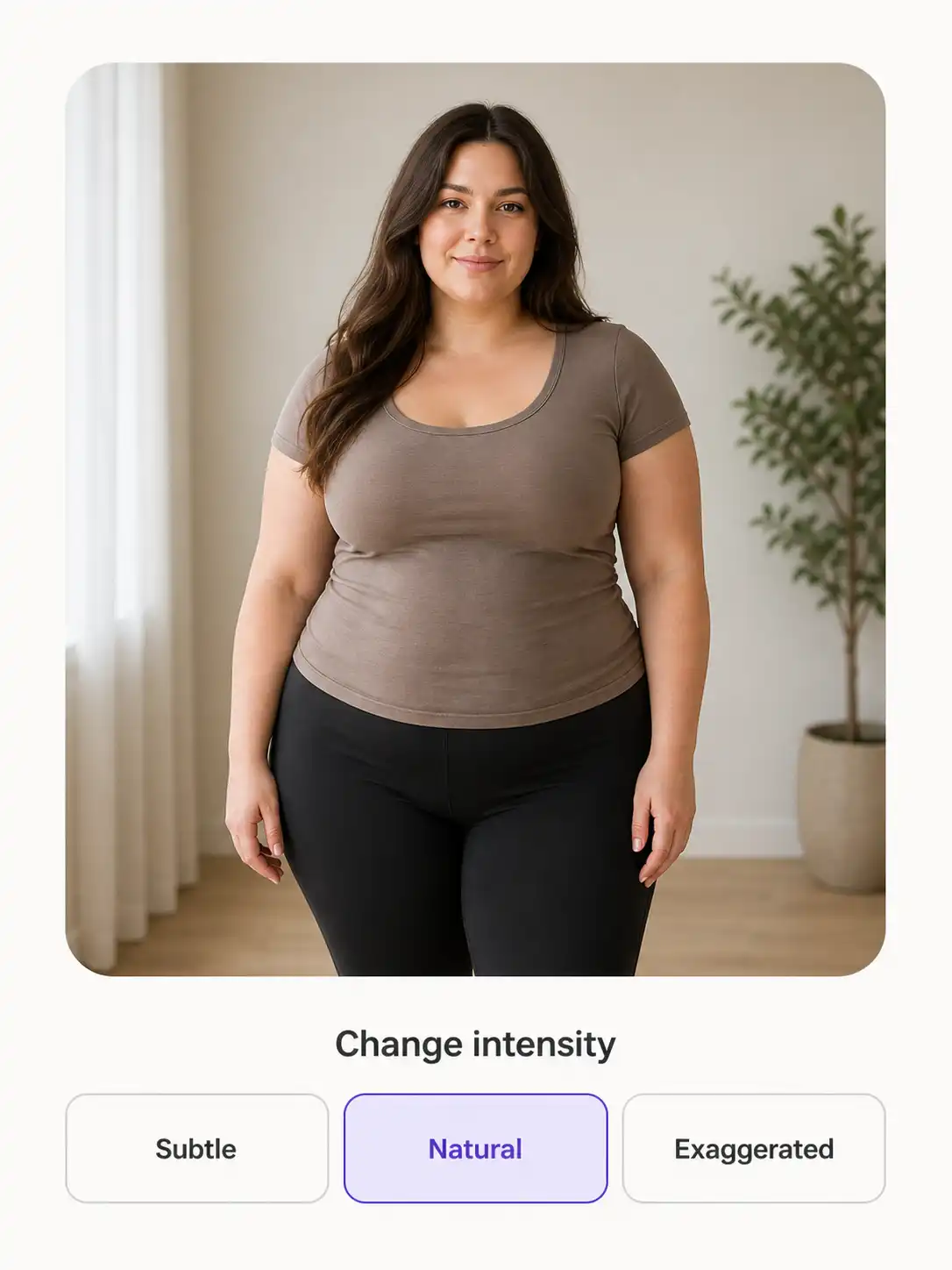 AI body-shape preview interface displaying Subtle, Natural, and Exaggerated intensity choices