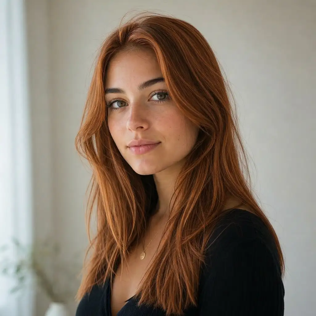 Realistic copper hair color preview generated by Pixlio preserving face, hairstyle, and lighting