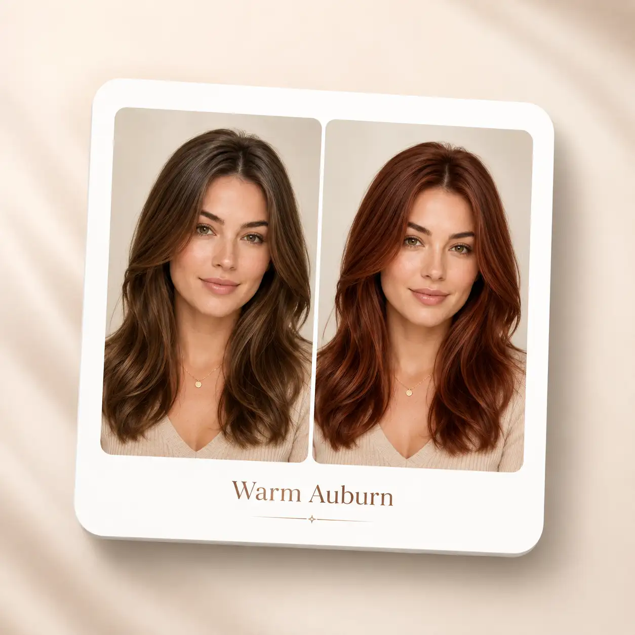 Exported decision card showing original photo, color preview, and shade label side by side for salon consultation