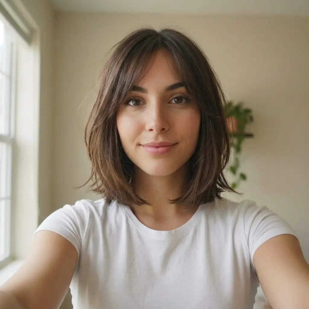 Same selfie with a layered bob applied, preserving facial identity and natural lighting