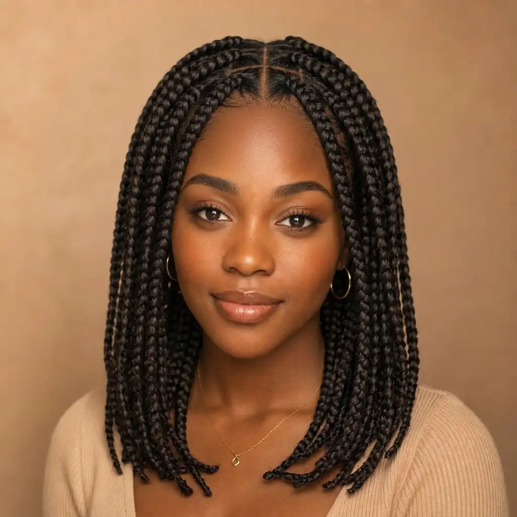 Same portrait with braids applied, preserving natural curl density and face shape