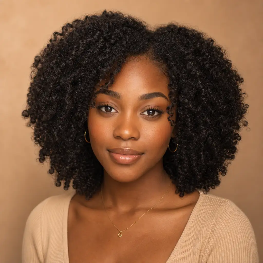 Portrait showing natural curly hair before trying a braided style