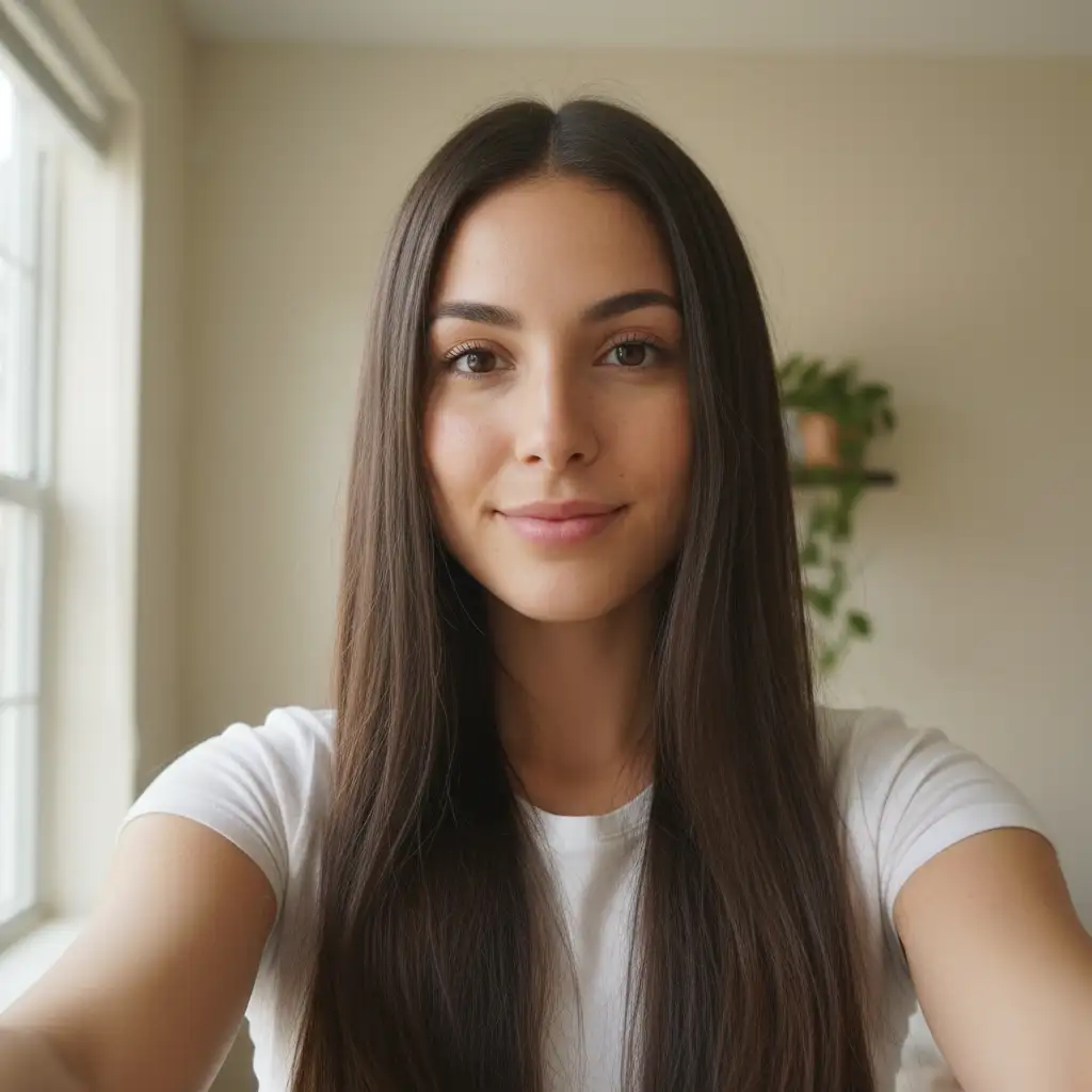 Original selfie showing natural hair and features before a virtual hairstyle preview