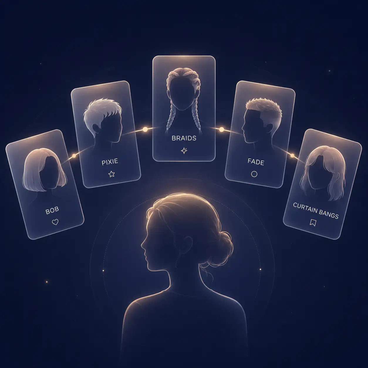 Hairstyle preset selector interface showing curated groups for short cuts, bangs, men's styles, and textured hair