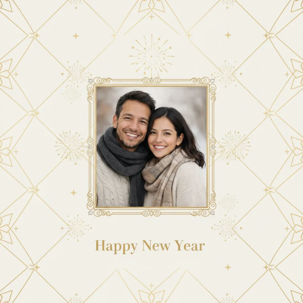 AI Happy New Year greeting card with festive design elements