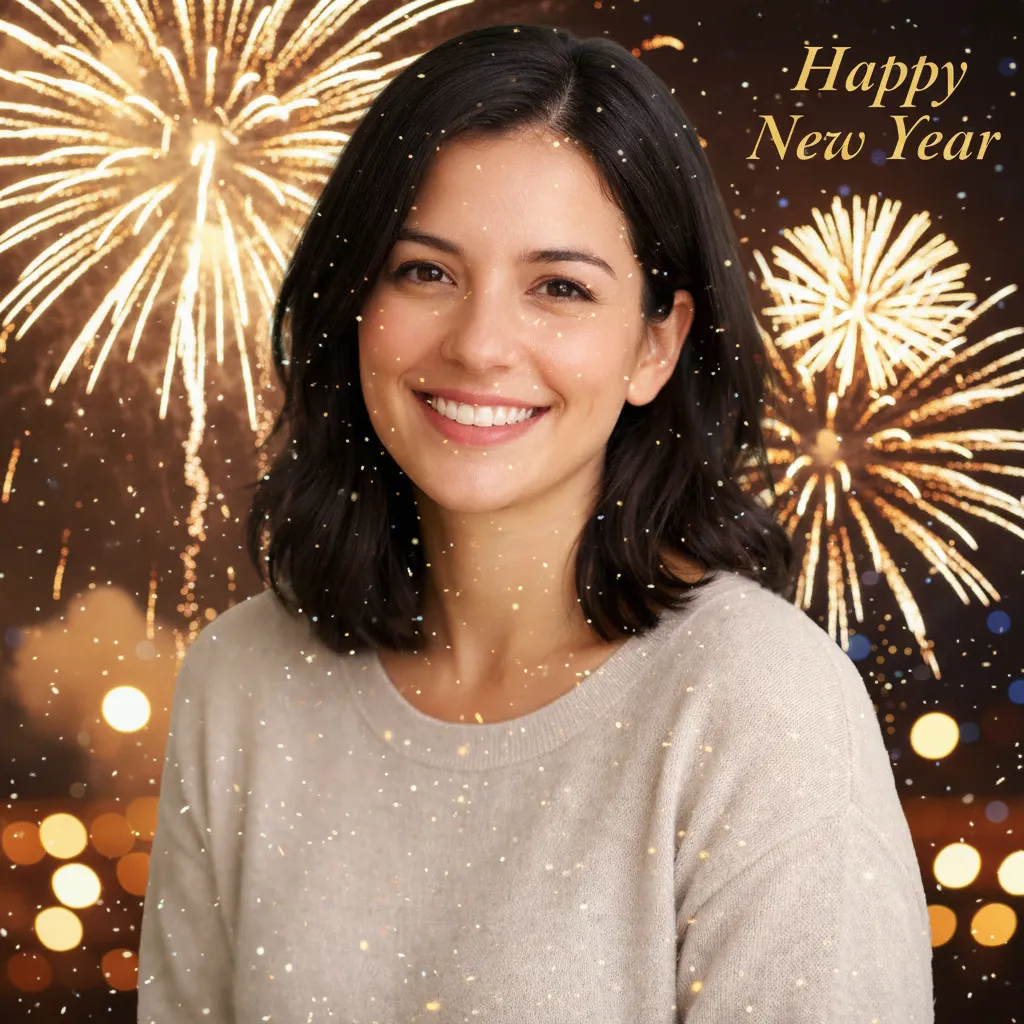 Portrait transformed into AI Happy New Year photo with fireworks and celebration effects