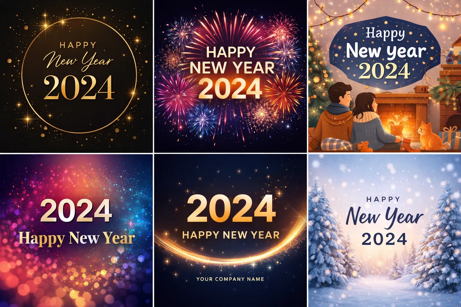 Six AI Happy New Year style presets showing different celebration aesthetics