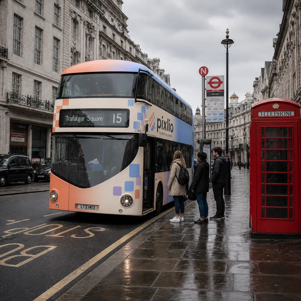 Example preview of an AI-generated image combining pixlio brand elements with a bus in London