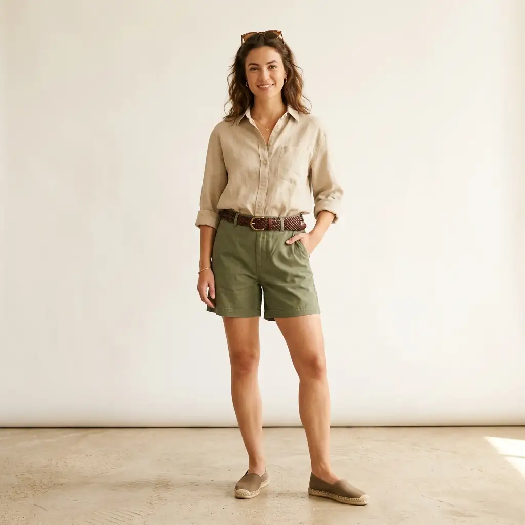 Polished editorial outfit concept generated entirely from a text prompt, showing a complete styled look